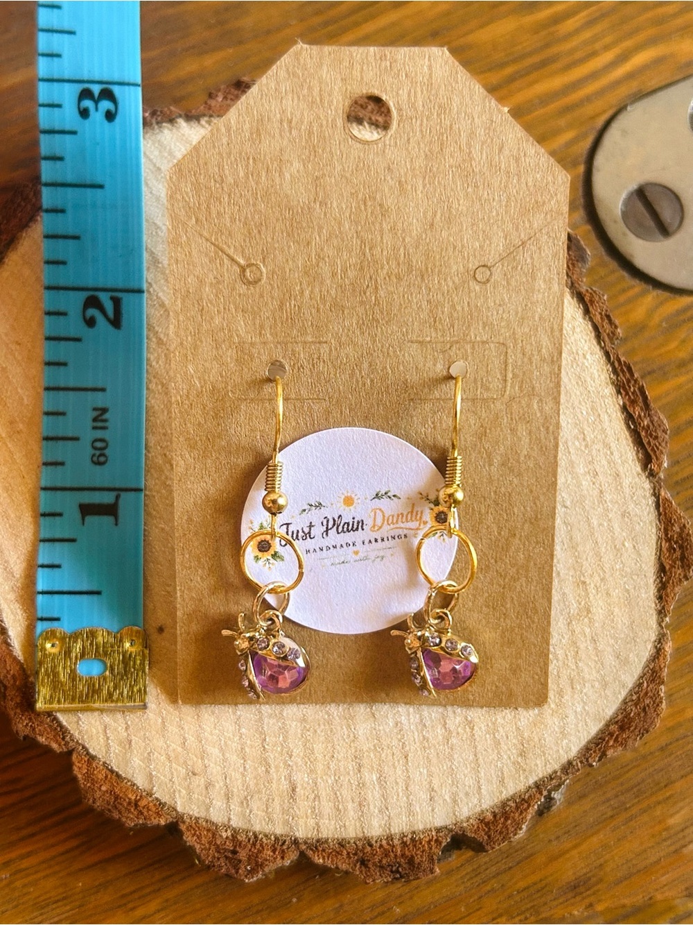 Pink Rhinestone Ladybug Dangle Earrings Gold Tone Sparkle - Picture 4 of 4